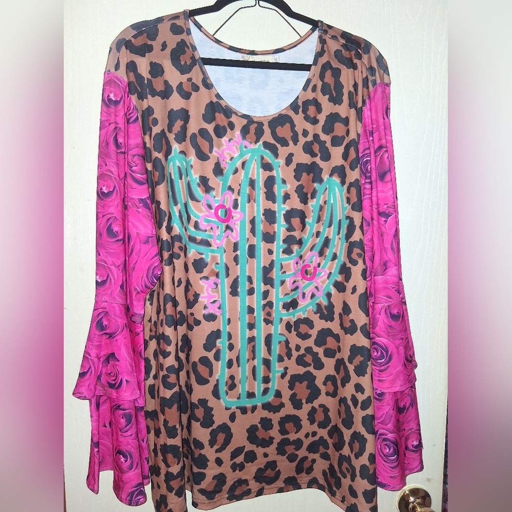 Leopard and Pink Floral Cactus Long Sleeve Top